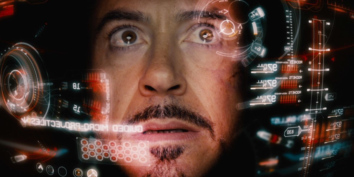 Iron Man looking at the JARVIS screen in his helmet in Iron Man