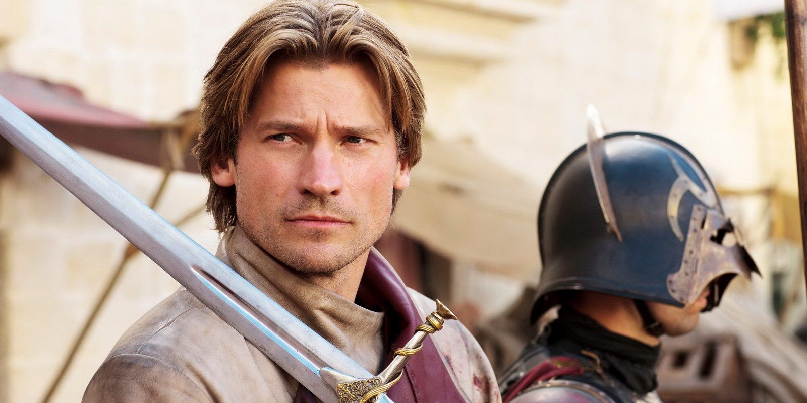 Jaime Lannister played by Nikolaj Coster-Waldau wielding his sword on Game of Thrones