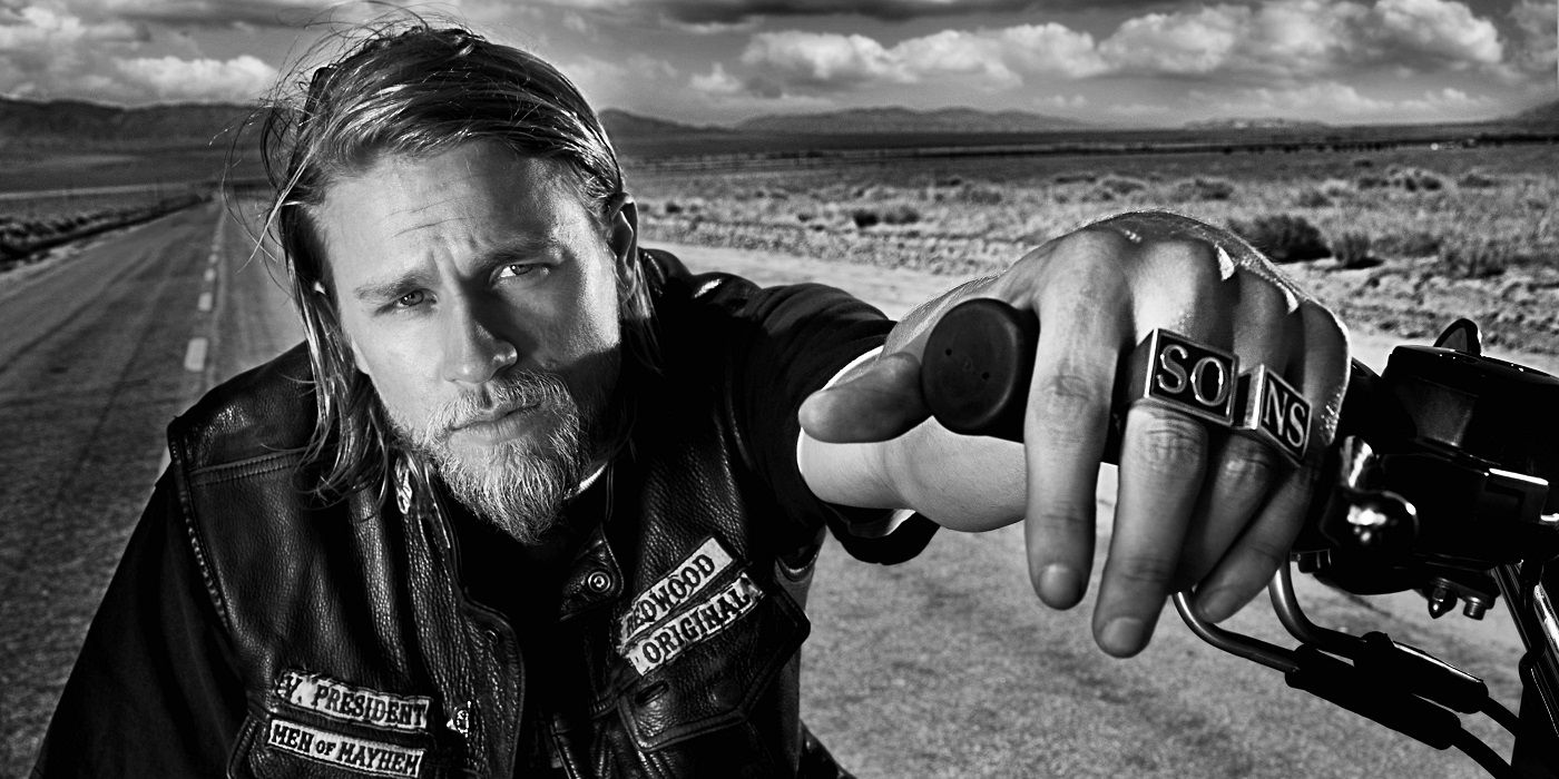 Jax Teller in a black and white Sons of Anarchy photo.