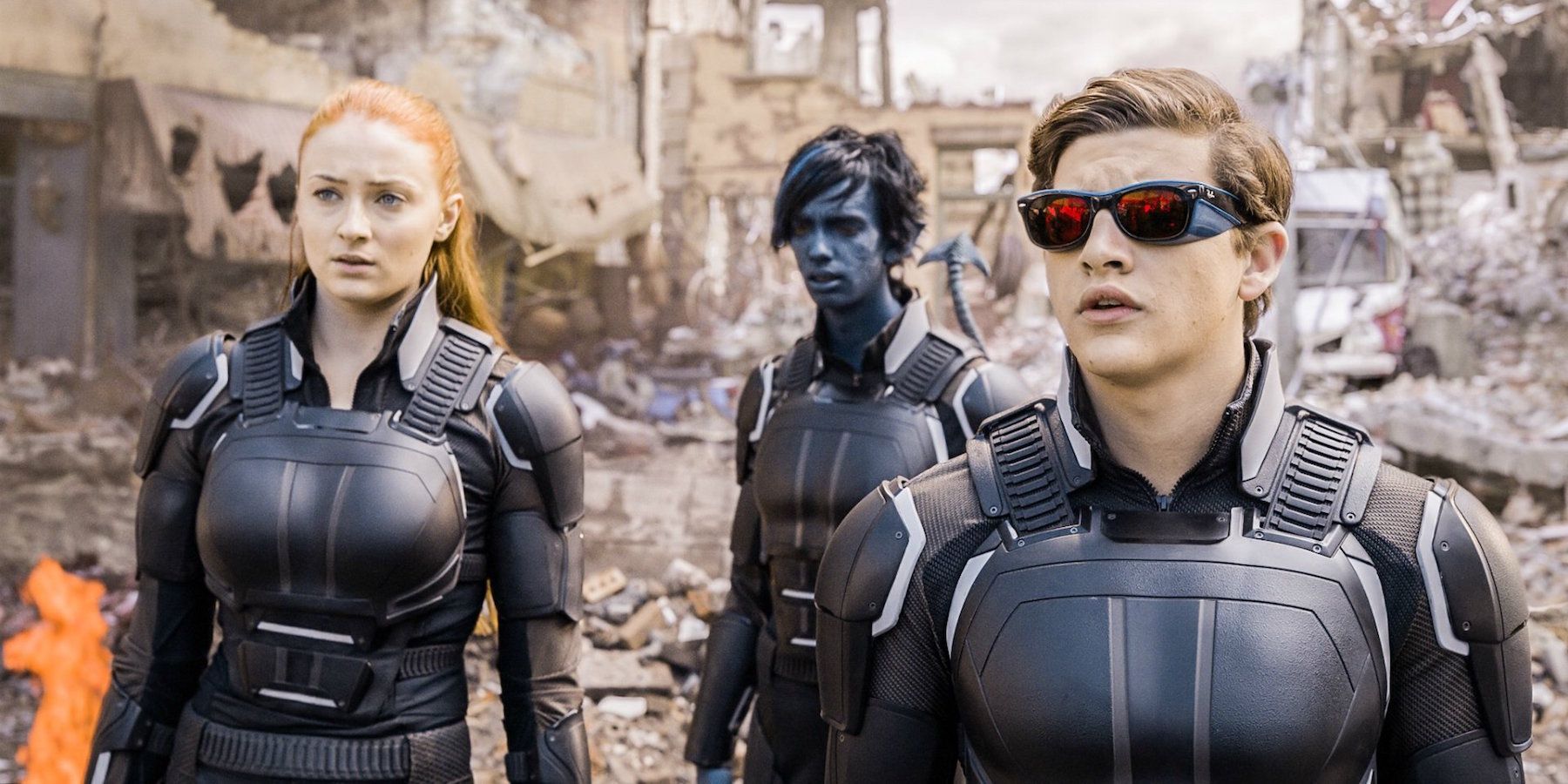 Jean Grey (Sophie Turner), Nightcrawler (Kodi Smit-McPhee), and Cyclops (Tye Sheridan) in X-Men: Apocalypse