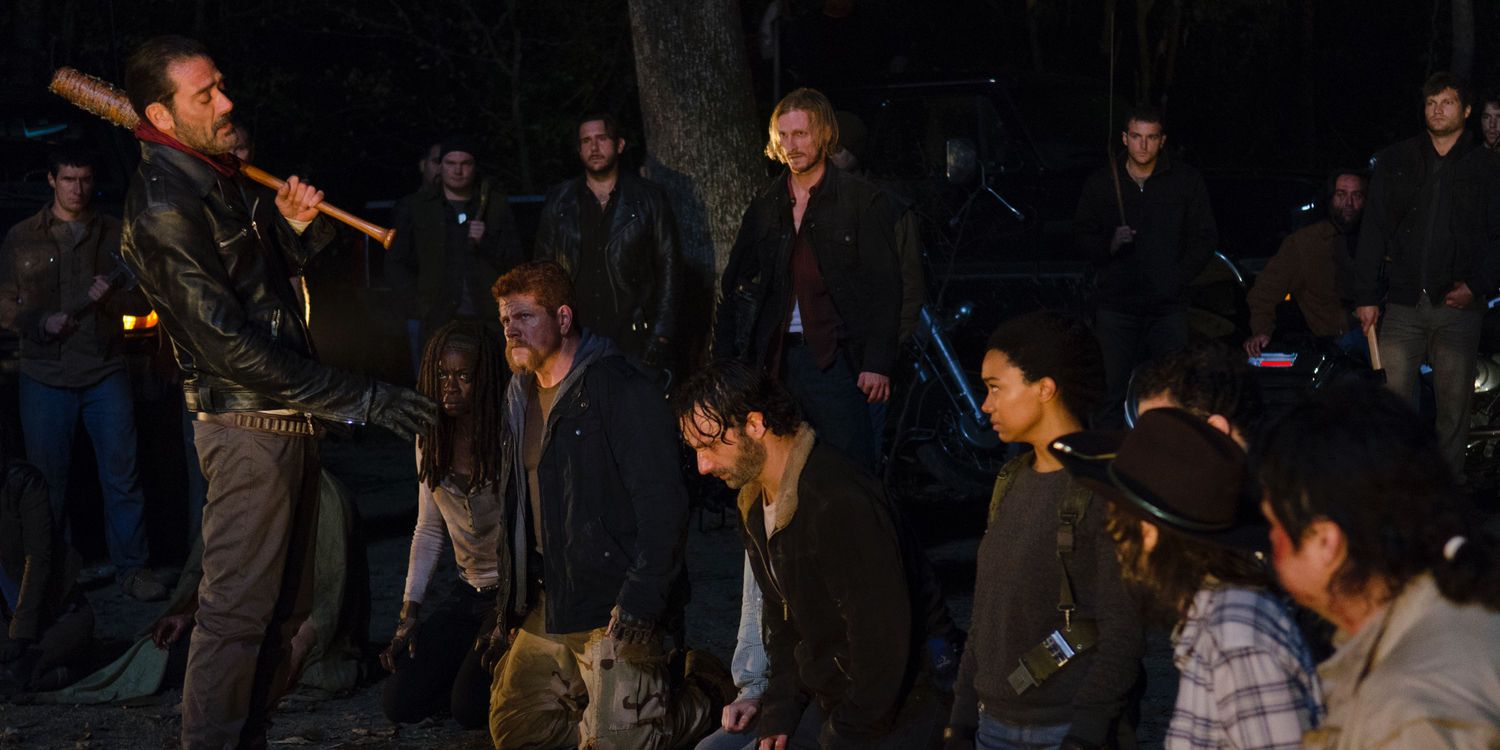 Jeffrey Dean Morgan Michael Cudlitz Andrew Lincoln and Sonequa Martin Green in The Walking Dead Season 6 Episode 16