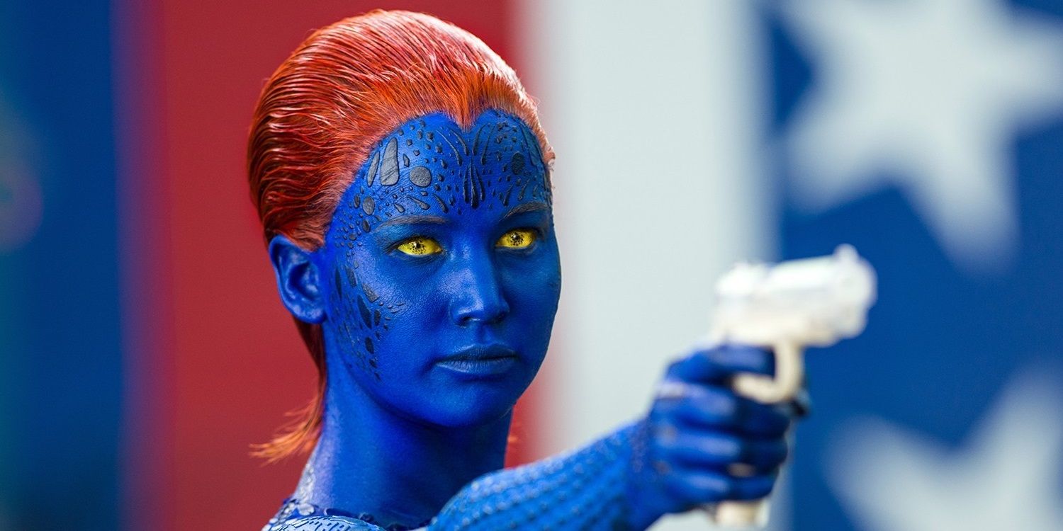 Jennifer Lawrence as Mystique pointing a plastic gun at someone in X-Men: Days of Future Past