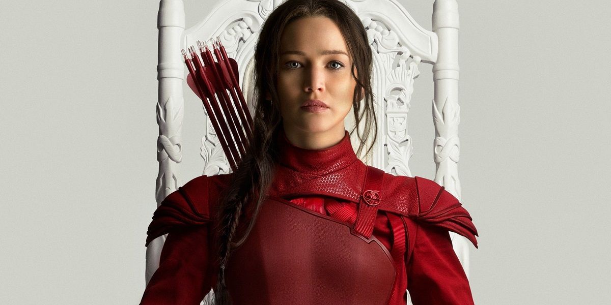 Jennifer Lawrence as Katniss in red armor in The Hunger Games