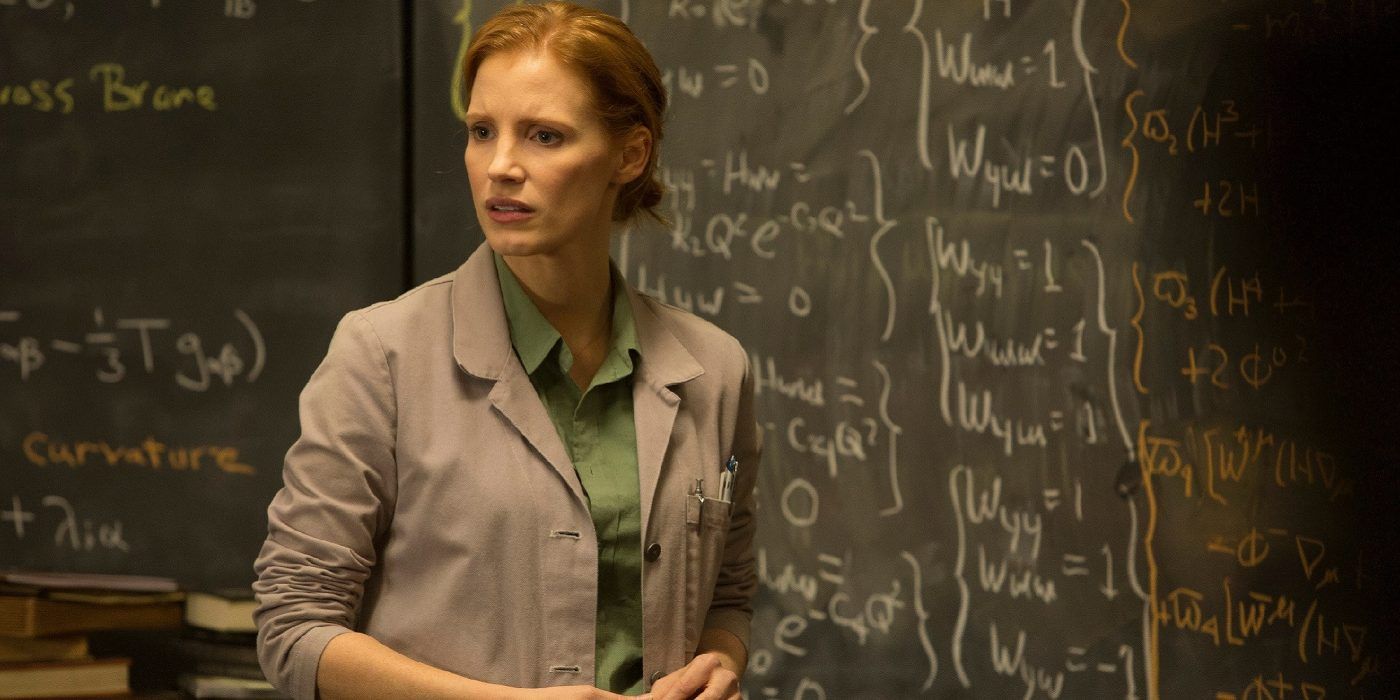 Jessica Chastain as Murphy standing by a chalkboard in Interstellar