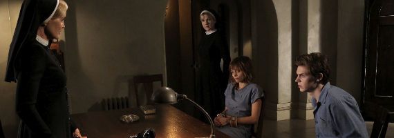 Jessica Lange Lizzie Brochere Lily Rabe and Evan Peters in American Horror Story Asylum Tricks and Treats
