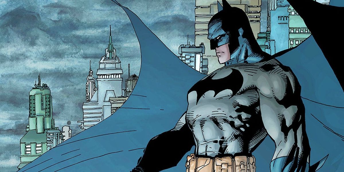 Batman, drawn by Jim Lee (artist and DC executive) standing against the Gotham skyline with his chest puffed out.