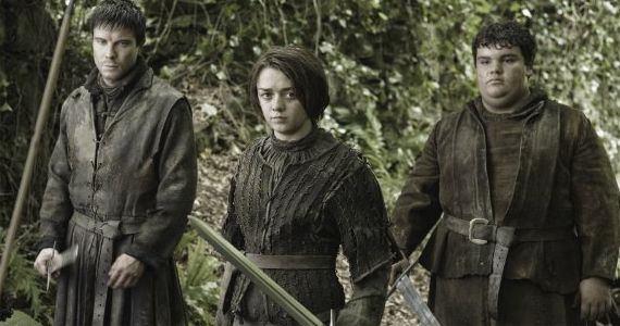 Joe Dempsie Maise Williams and Ben Hawkey in Game of Thrones Dark Wings, Dark Words
