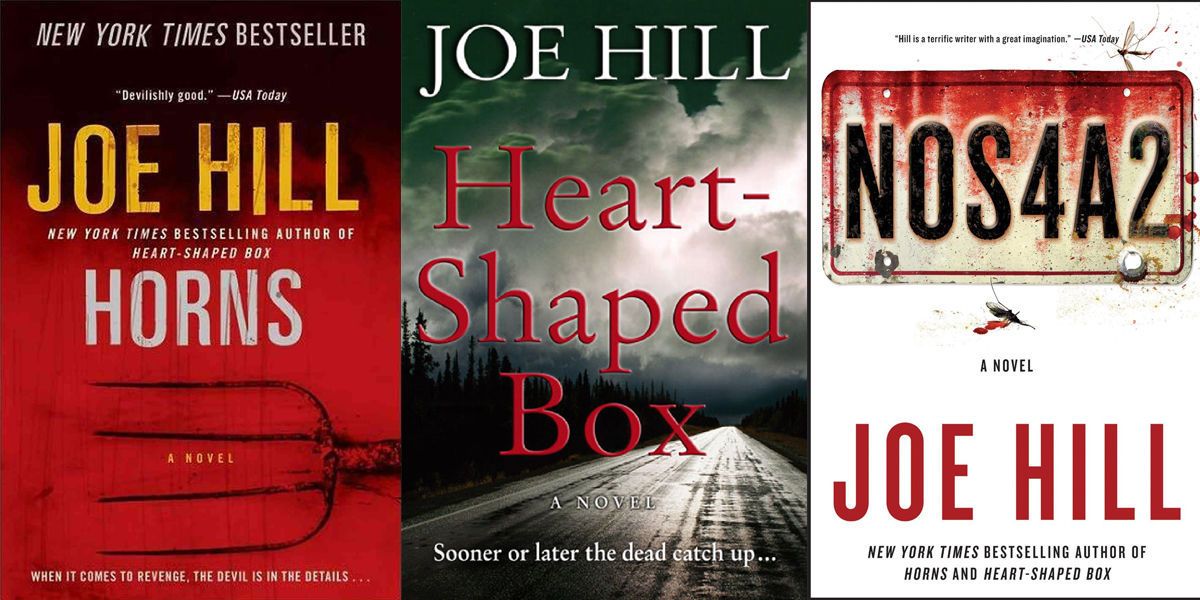 Split image of the book covers for Horns, Heart-Shaped Box, and NOS4A2 by Joe Hill.