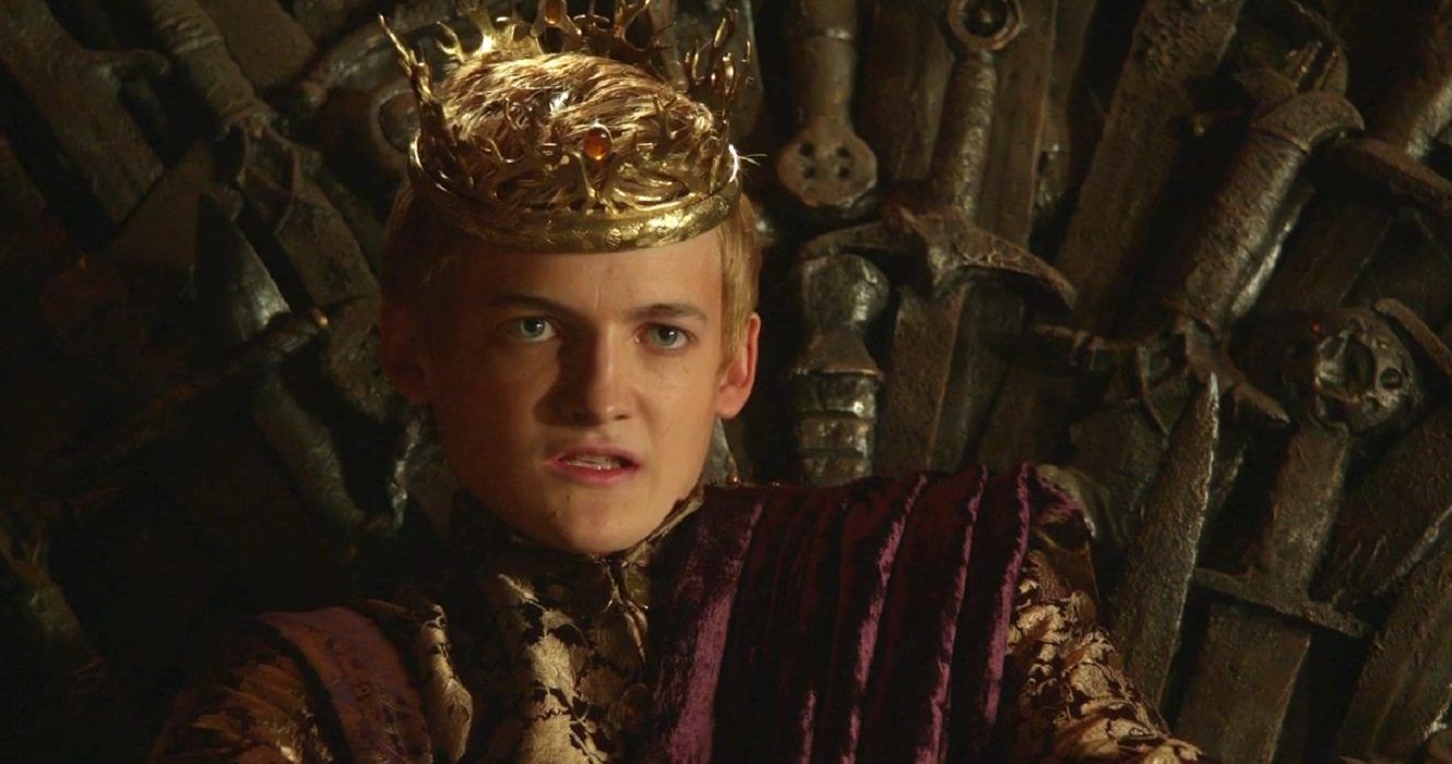 King Joffrey Baratheon played by Jack Gleeson on the Iron Throne on Game of Thrones