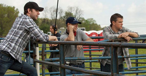 John Krasinski, Gus Van Sant and Matt Damon in 'Promised Land' set