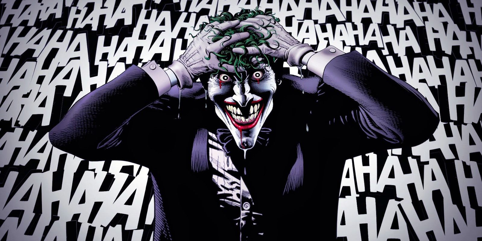 Joker laughing and clutching his green hair in The Killing Joke.