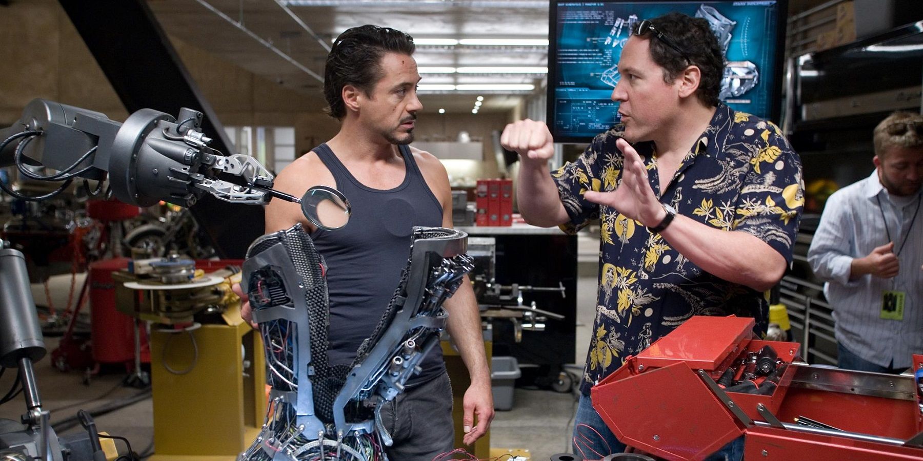 Jon Favreau directing Robert Downey Jr. in Iron Man