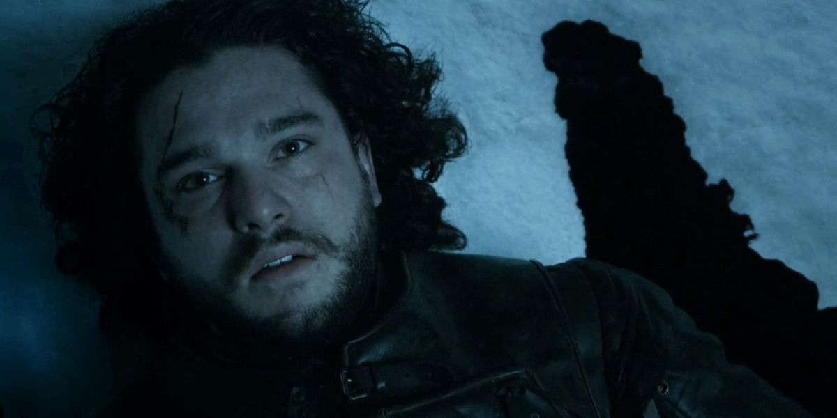 An image of Jon Snow lying dead on ice in Game of Thrones
