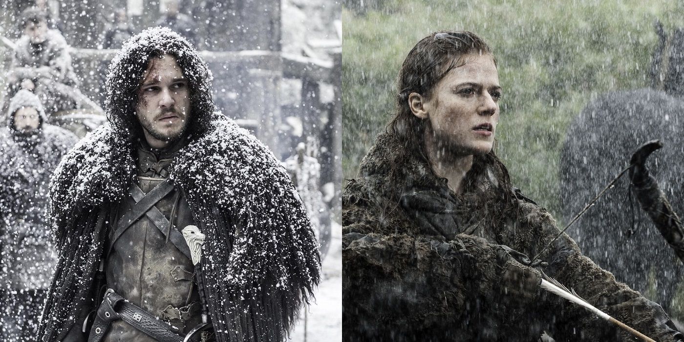 Jon Snow played by Kit Harrington at the Wall, and the wildling Ygritte played by Rose Leslie on Game of Thrones