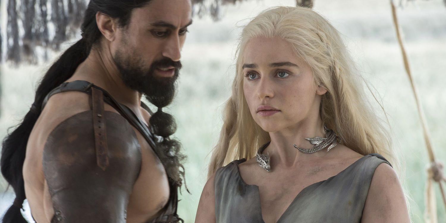 Joseph Naufahu and Emilia Clarke in Game of Thrones Season 6 Episode 1