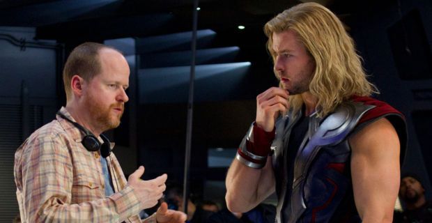 Joss Whedon and Chris Hemsworth on The Avengers set