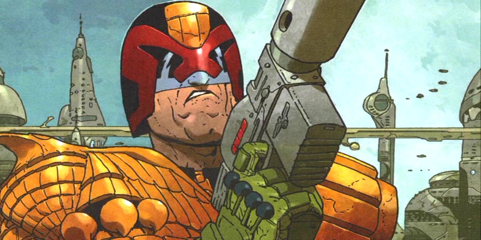Judge Dredd holding a gun in the Comic