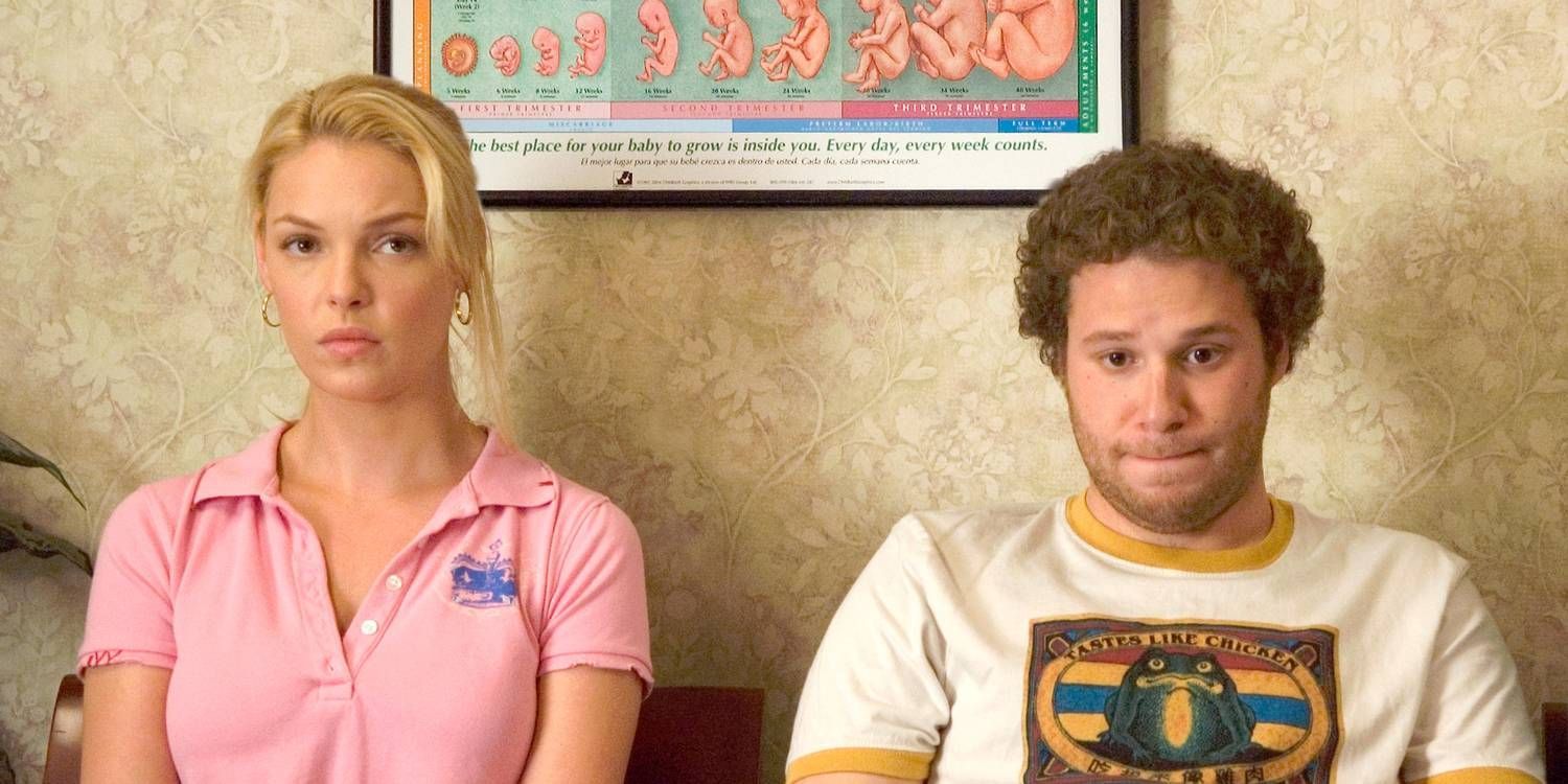 Katherine Heigl and Seth Rogen sitting together in Knocked Up