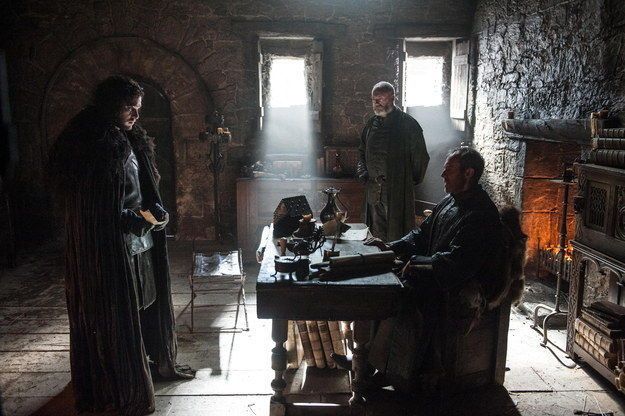 Kit Harington as Jon Snow Stephen Dillane as Stannis Baratheon and Liam Cunningham as Davos Seaworth in Game of Thrones S5