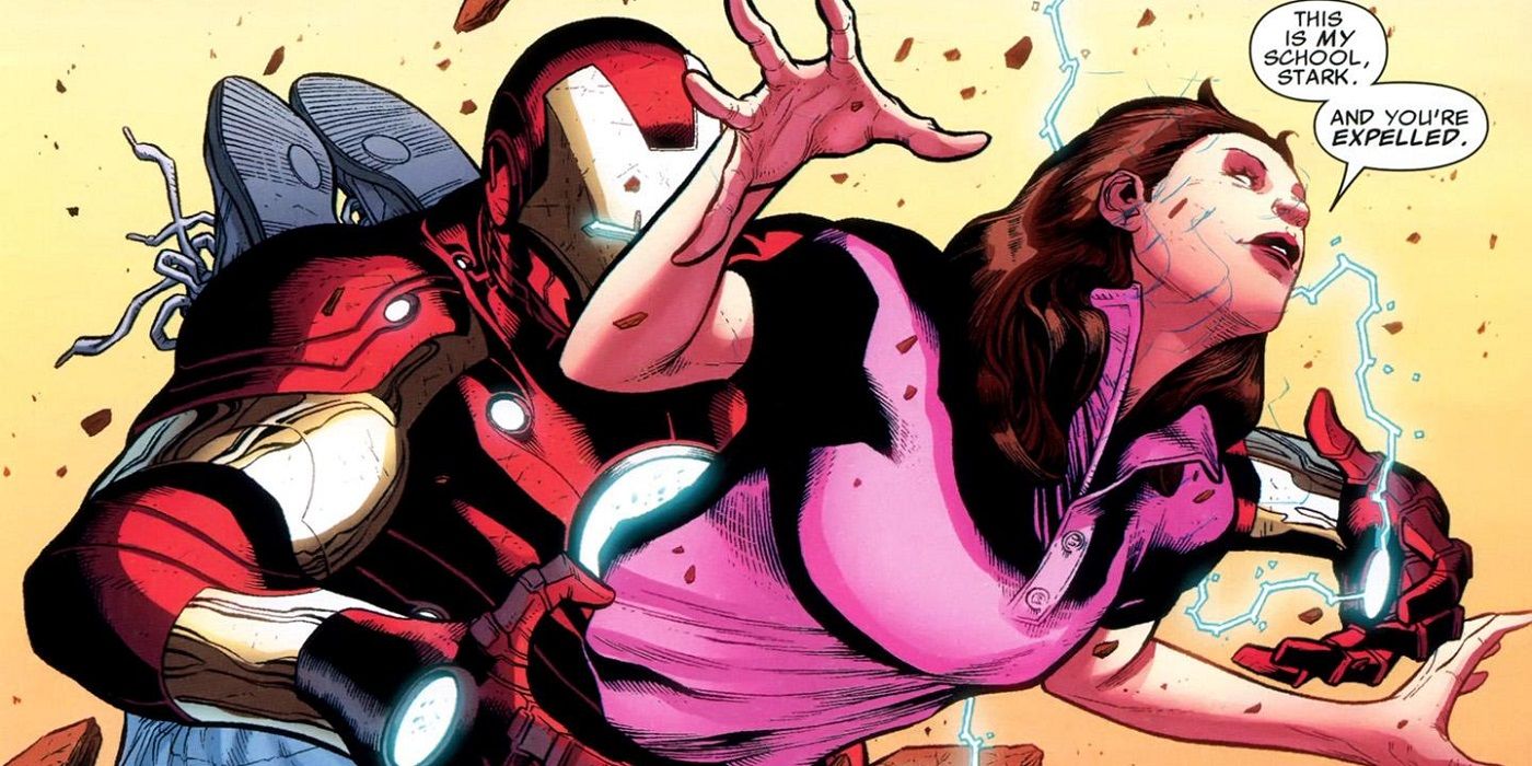 Kitty Pryde of the X-Men phasing through Tony Stark