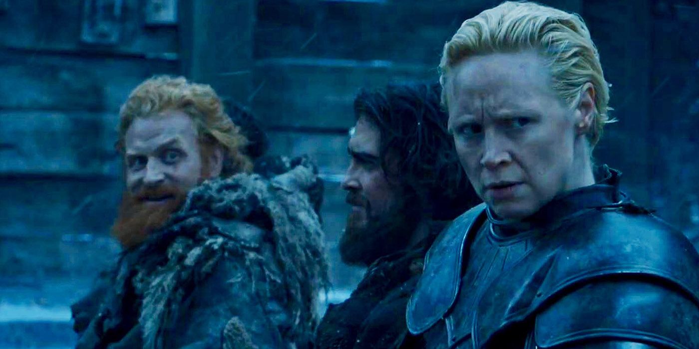 Kristofer Hivju as Tormund and Gwendoline Christie as Brienne on Game of Thrones