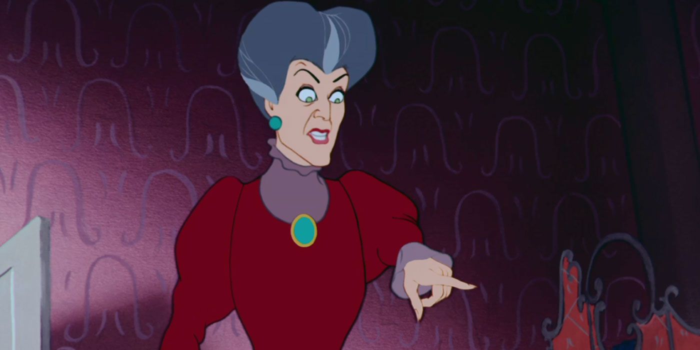 Lady Tremaine with large eyes, pointing her finger in Cinderella by Disney