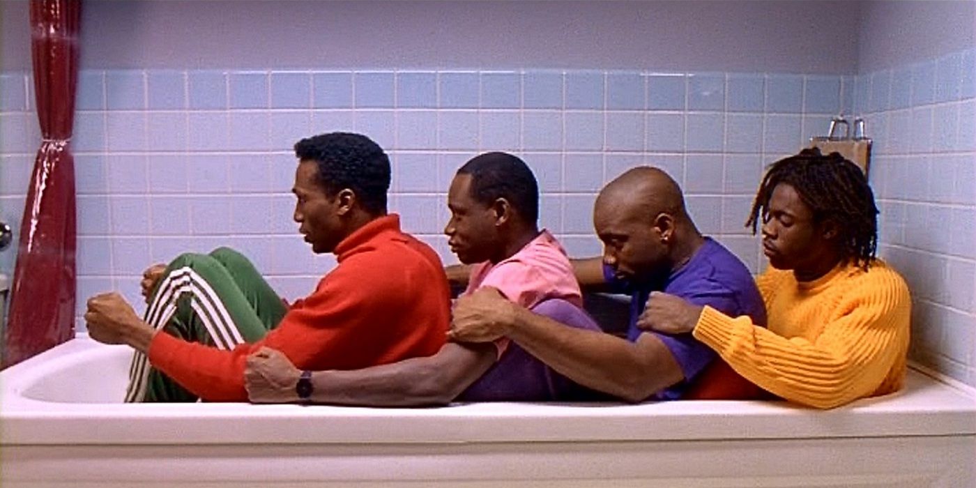 Leon Robinson, Malik Yoba, Rawle D. Lewis and Doug E. Doug in bathtub scene in Cool Runnings as they practice the bobsled