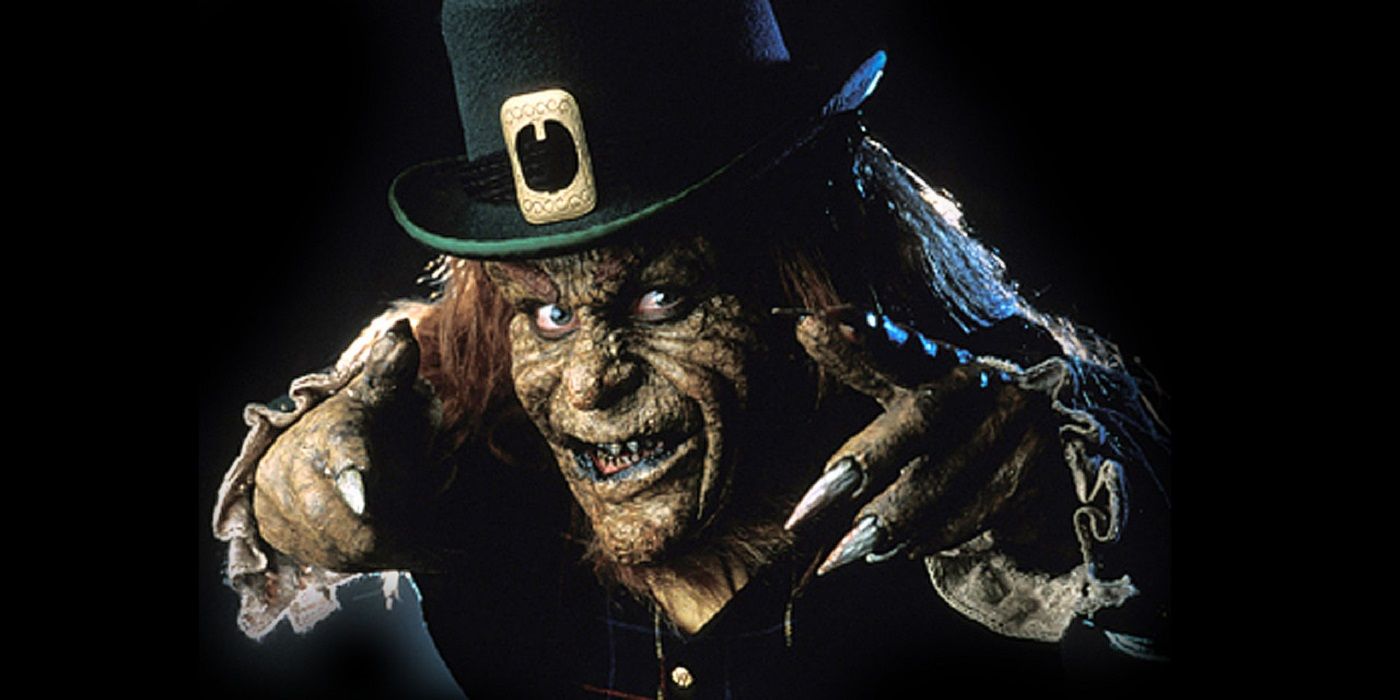 The Leprechaun menaces on a black background in a promotional image for the film
