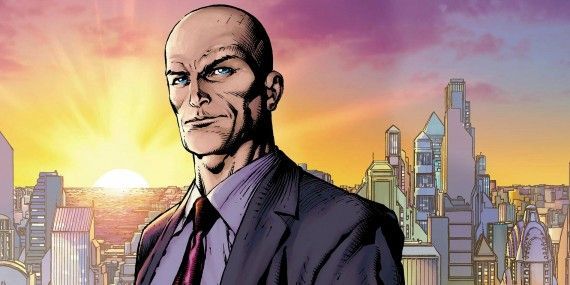 Lex Luthor standing in front of a window with Metropolis behind him