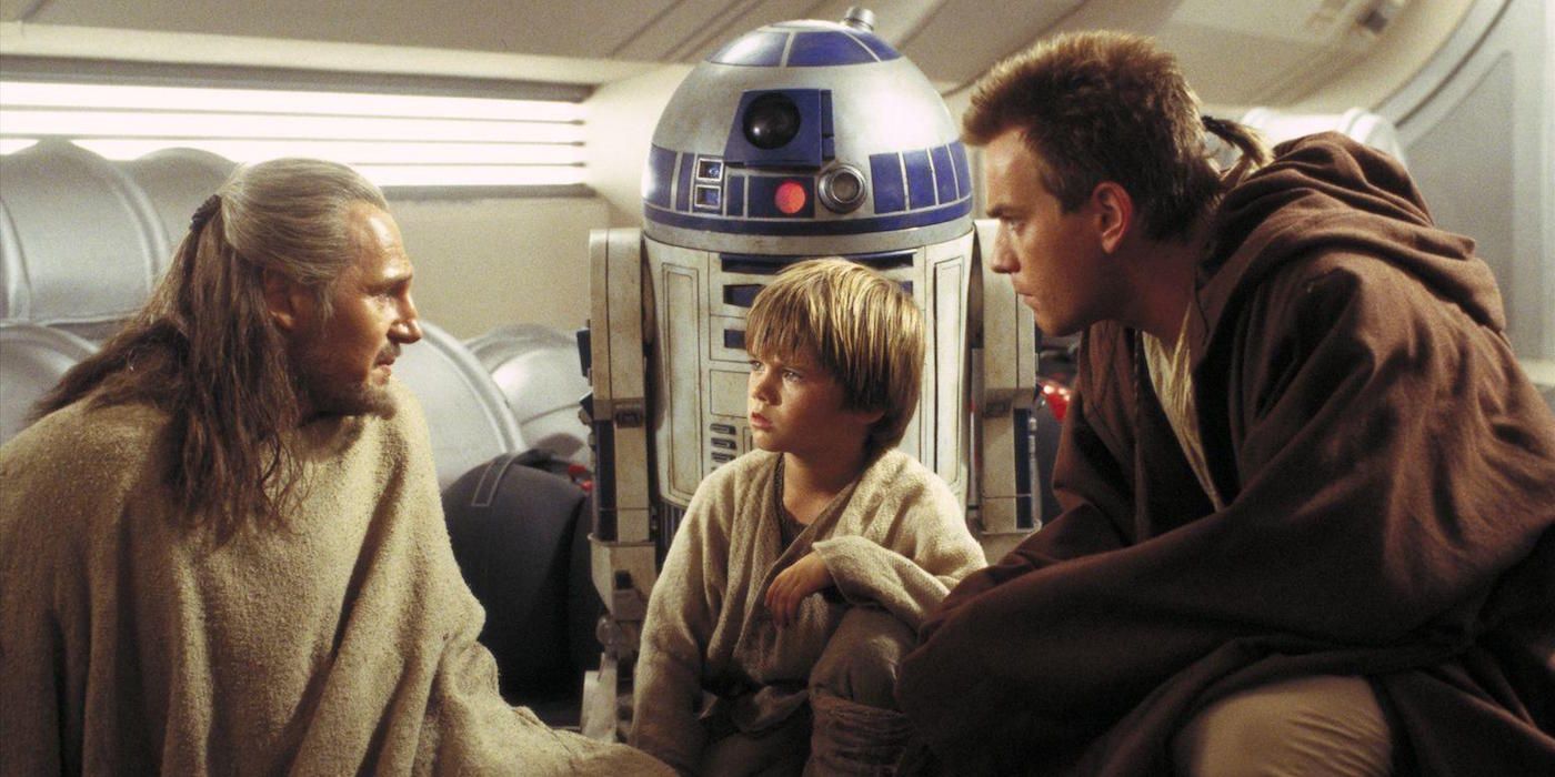 Qui-Gon Jinn, Anakin Skywalker, R2-D2, and Obi-Wan Kenobi in Star Wars, Episode I: The Phantom Menace
