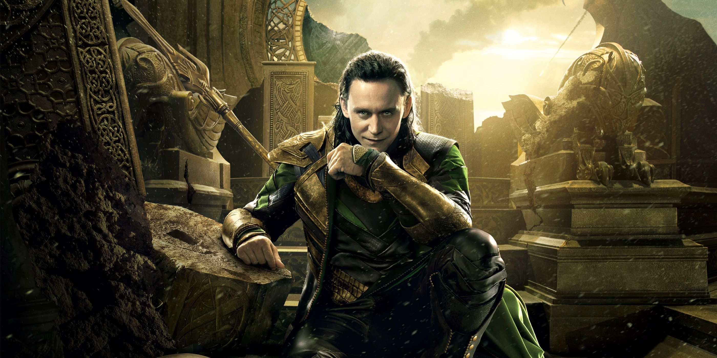 Promotional image of Loki kneeling over his throne
