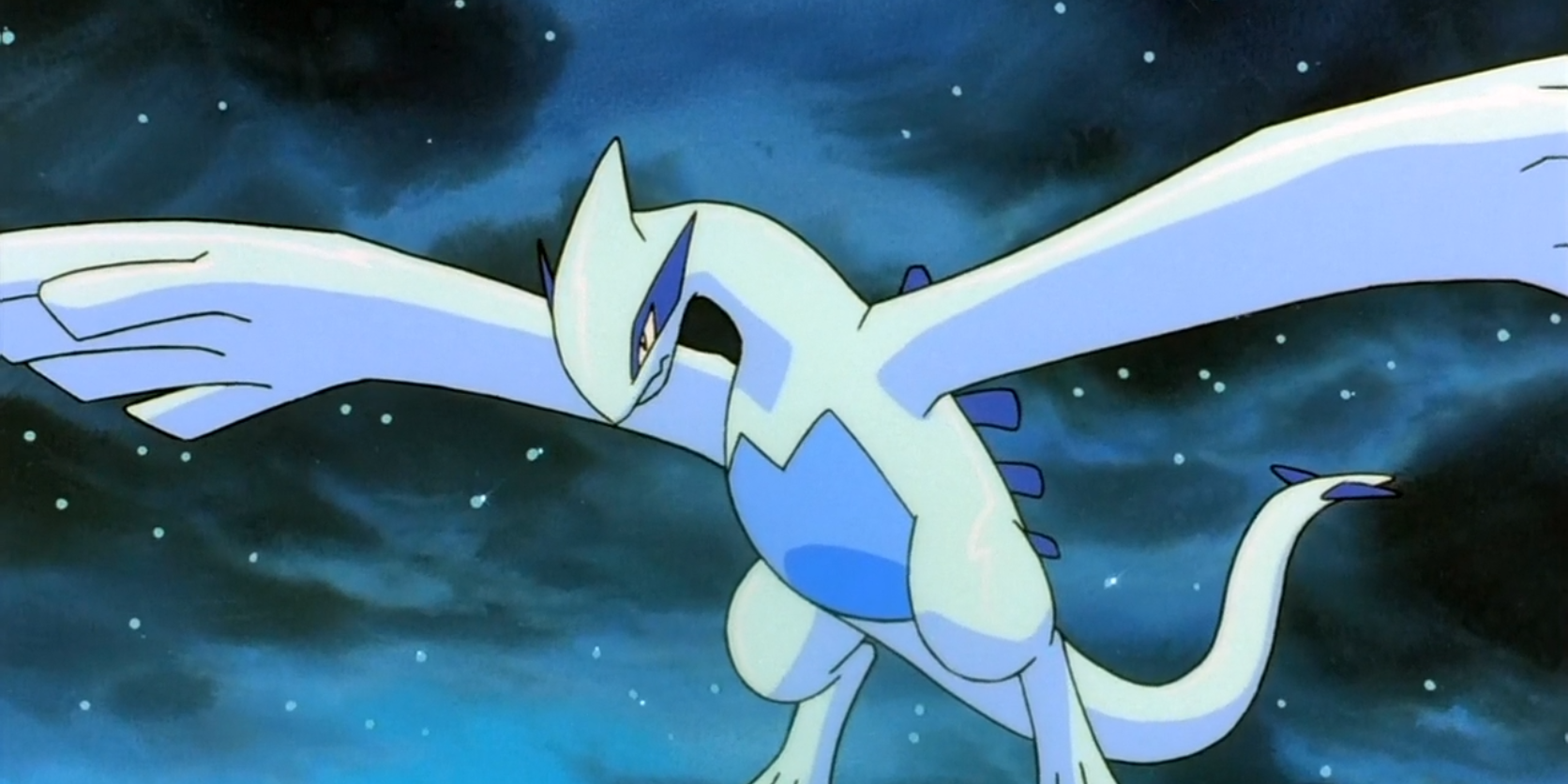 Lugia flying in a stormy sky in Pokémon: The Power of One