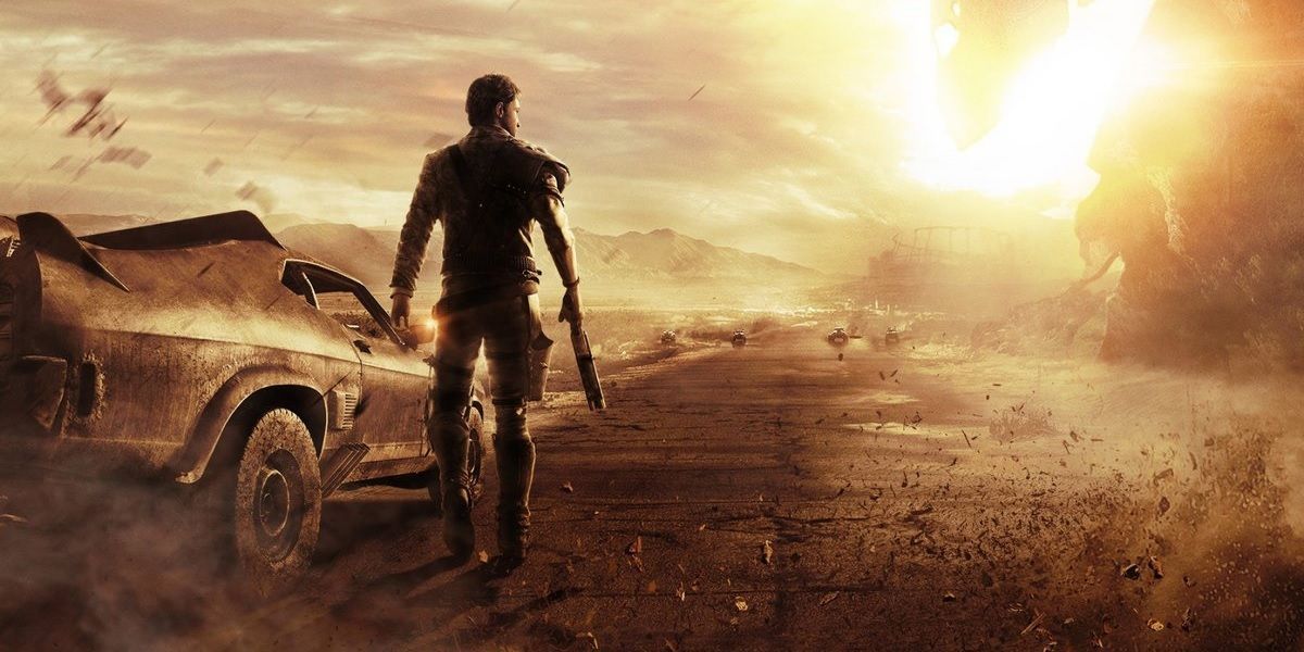 Max walking towards the desert next to his car in the video game, Mad Max