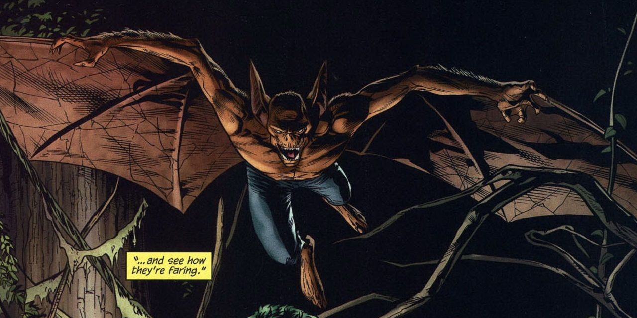 Man-Bat flying in comic panel