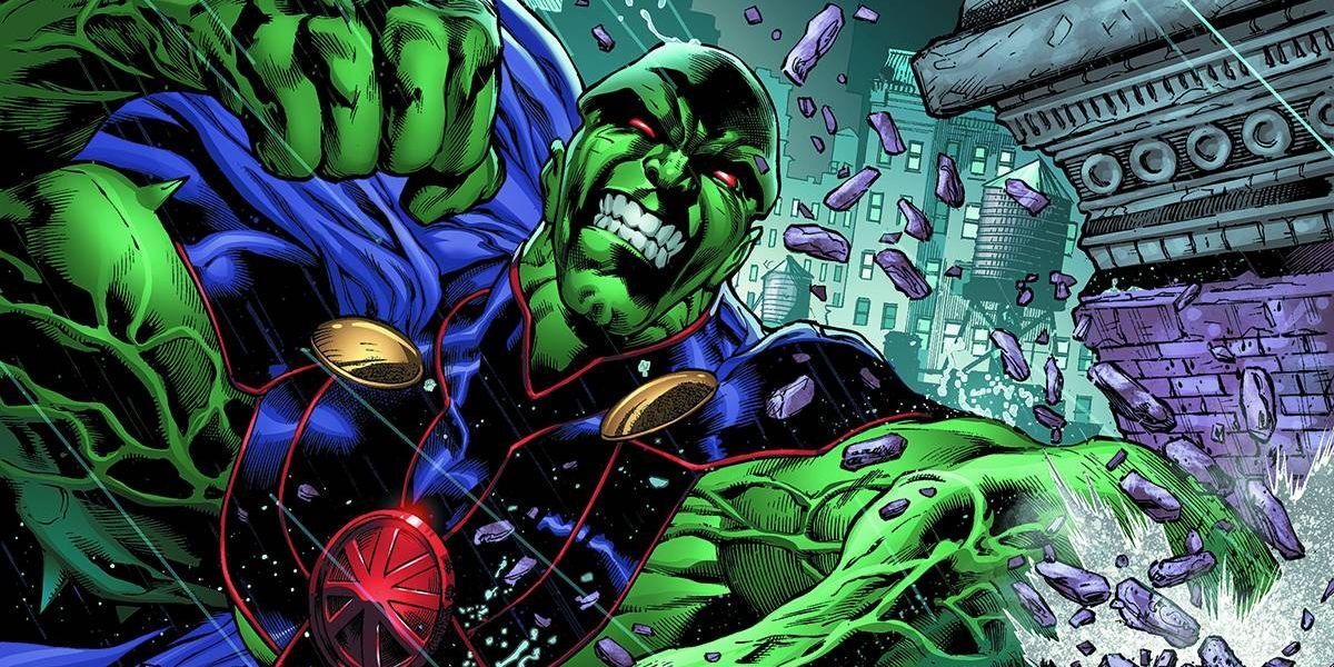 Martian Manhunter angrily punches bricks.