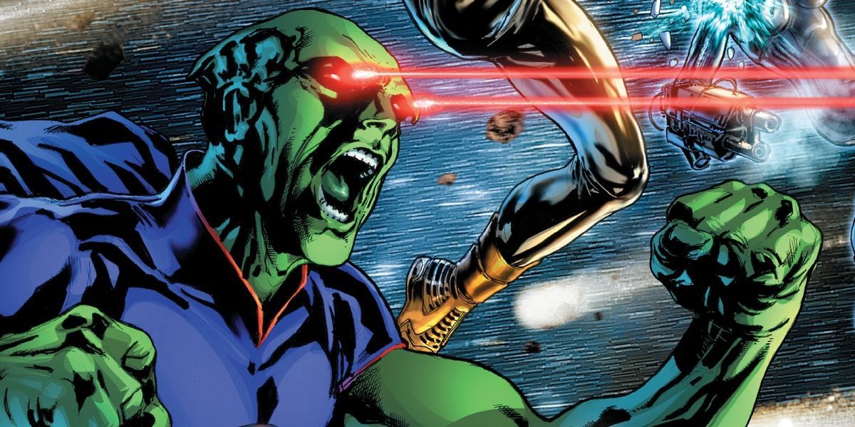 Martian Manhunter from DC comics shooting laser beams from his eyes while flying