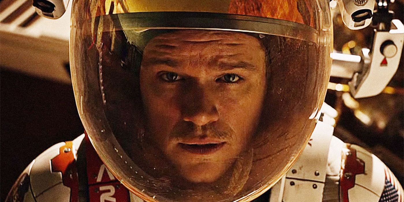 Matt Damon looks on in a space suit in The Martian