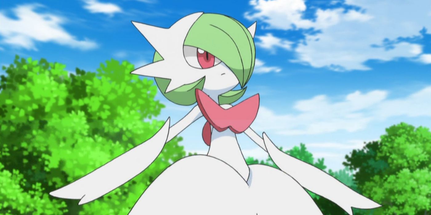 Mega Gardevoir aparece em frente a árvores e céu azul no anime Pokémon