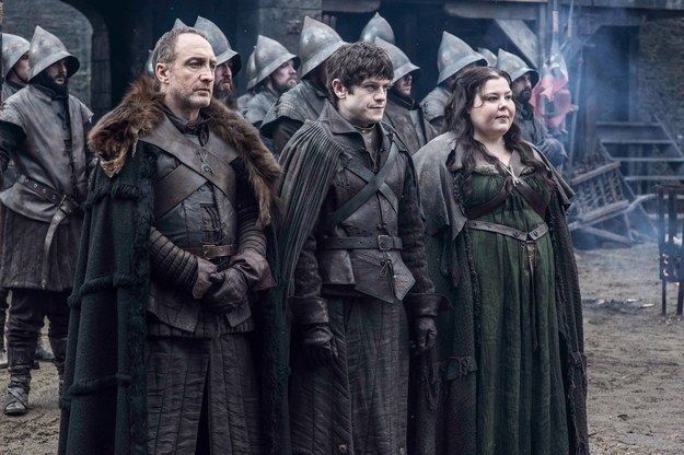 Michael McElhatton as Roose Bolton Iwan Rheon as Ramsay Bolton and Elizabeth Webster as Walda Frey in Game of Thrones S5