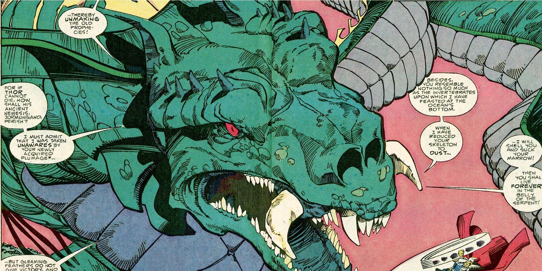 Midgard Serpent fights Thor in Marvel Comics.