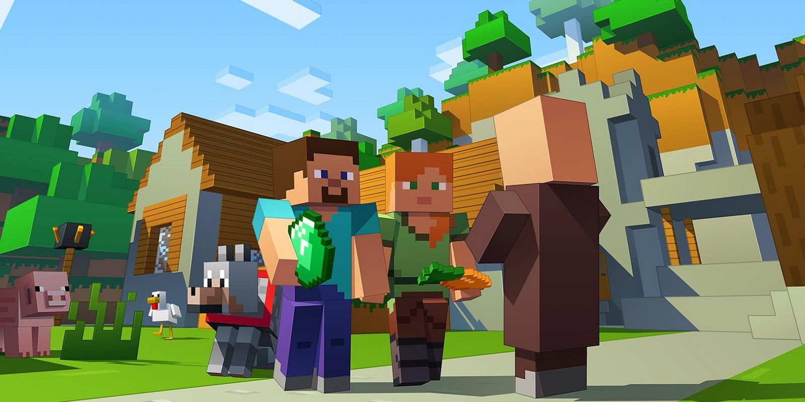 Minecraft characters trading with villager