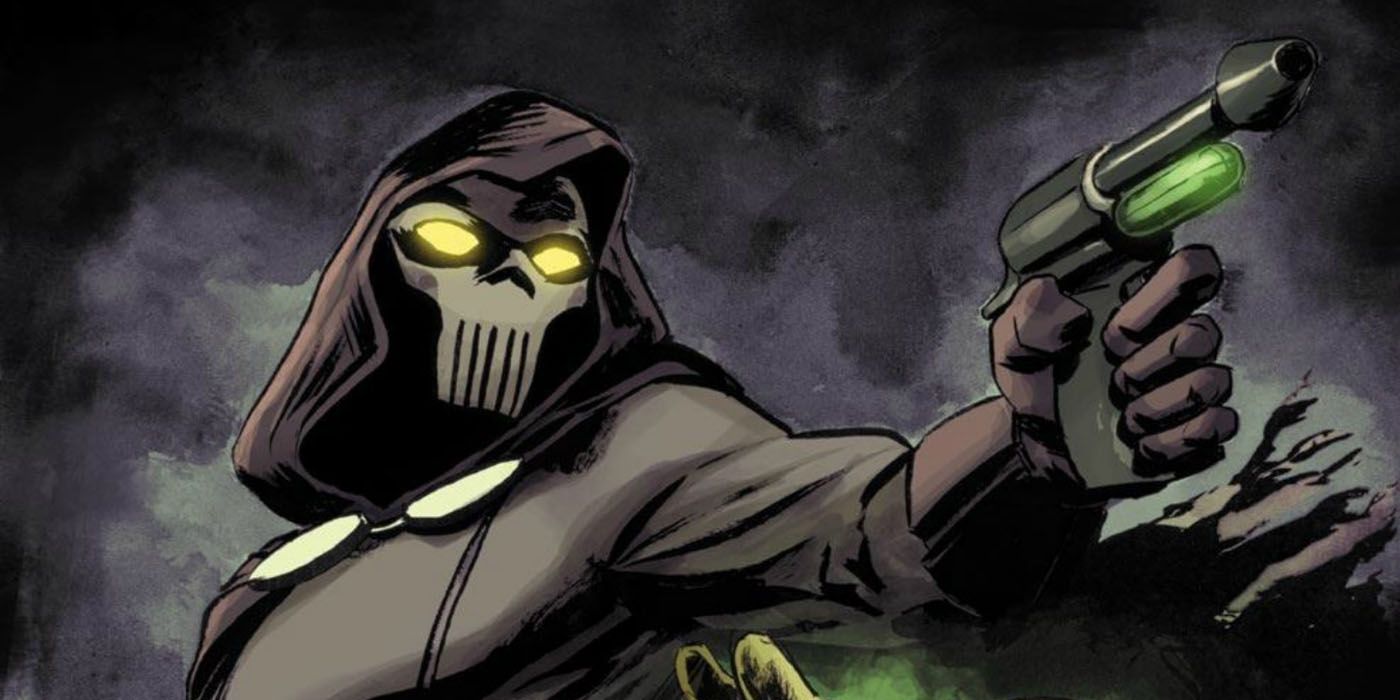 Mister Fear em sua máscara mortuária segurando uma arma na Marvel Comics