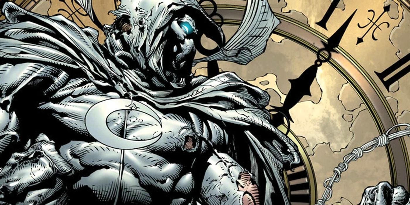Moon Knight standing before giant clock in Marvel Comics