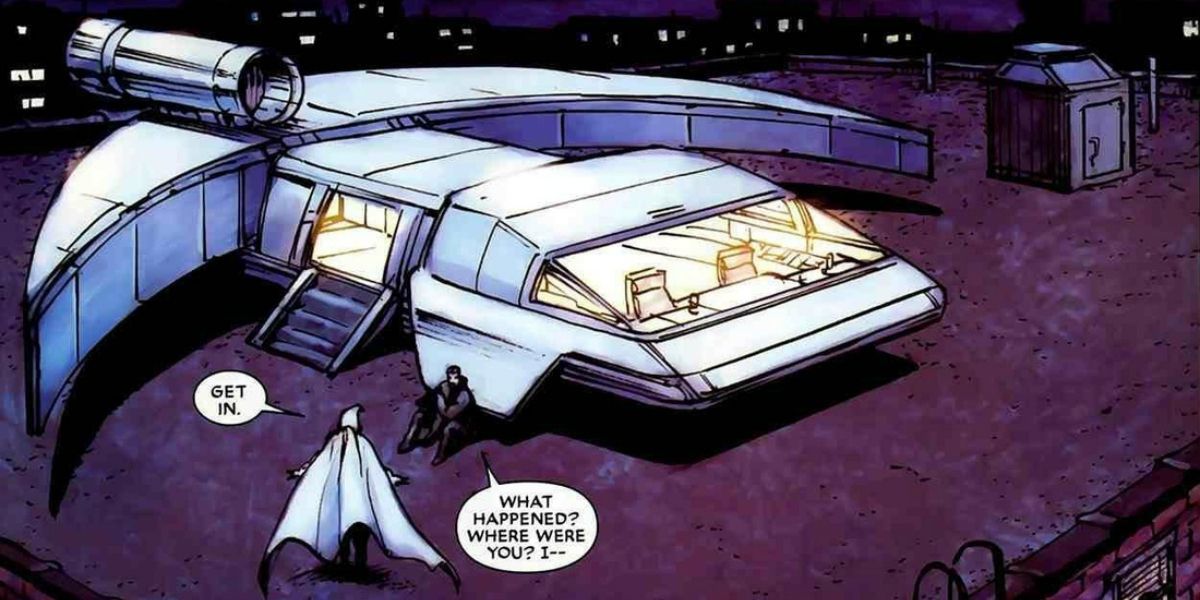 Moon Knight approaches the Moon Copter in Marvel Comics.