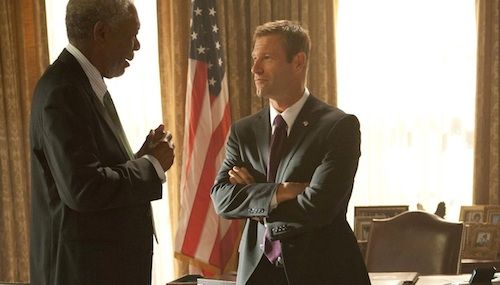 Morgan Freeman and Aaron Eckhart in 'Olympus Has Fallen'