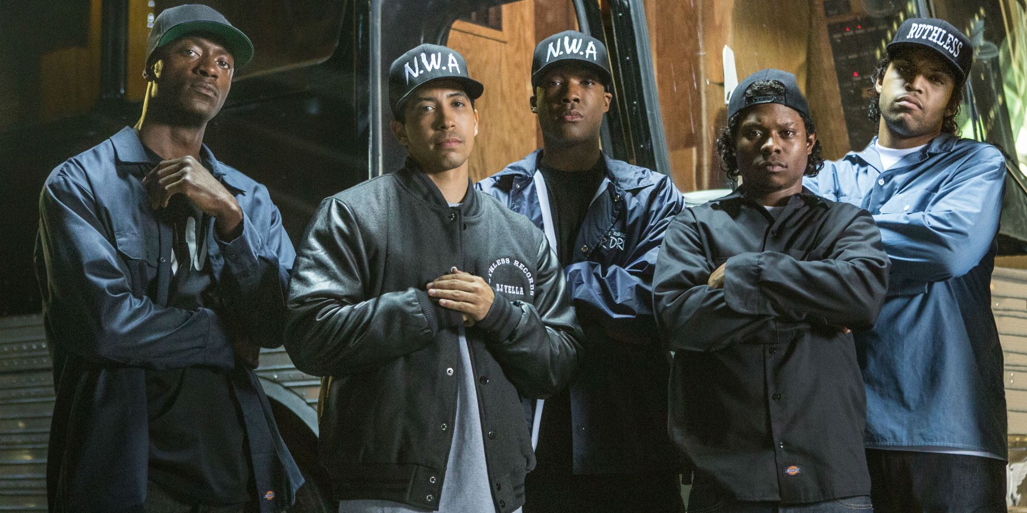 N.W.A. in 'Straight Outta Compton' in their jackets and caps