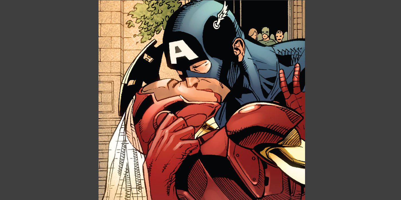 Natasha Stark as Iron Woman kissing Captain America - Marvel Comics