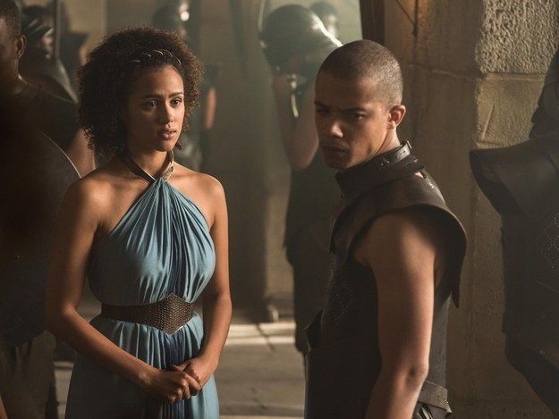 Nathalie Emmanuel as Missandei and Jacob Anderson as Grey Worm in Game of Thrones S5