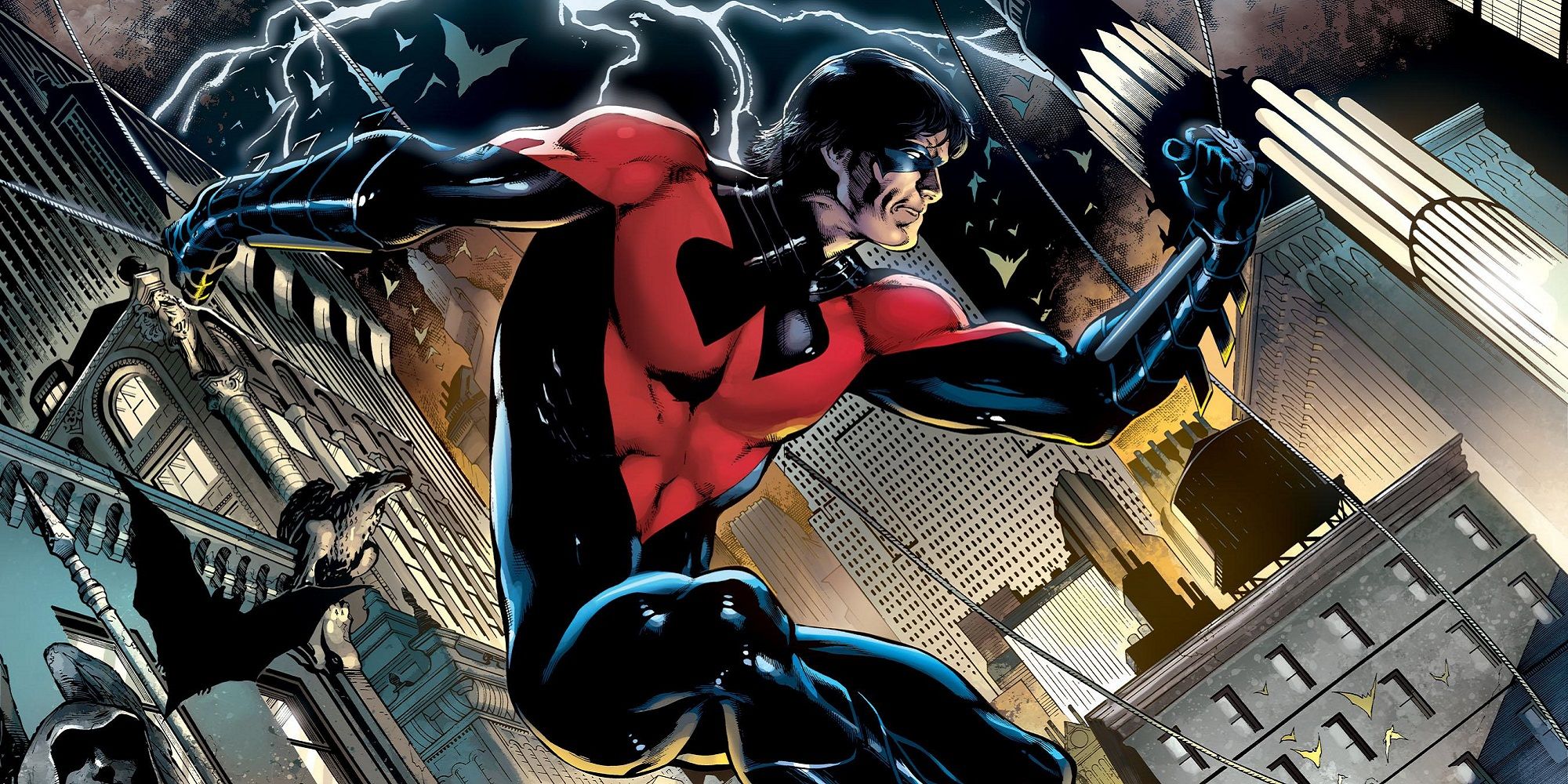 Nightwing jumping from a building in DC Comics