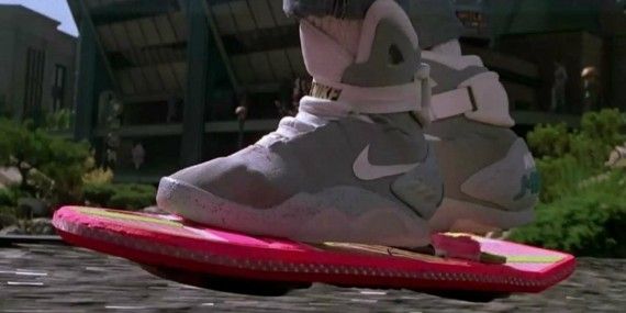 Marty rides a hoverboard while wearing Nike Air Mags in Back to the Future II